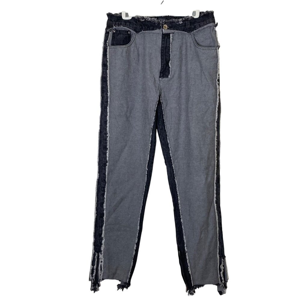 Manière De Voir Women’s 16 Grey Black Panel Jeans Raw Edge Zipper Split Hem Edgy